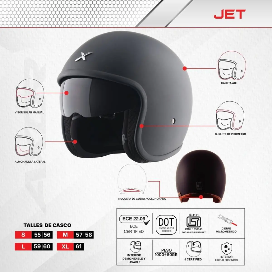 Casco Moto Abierto Retro Axor Jet Solid Visor Solar