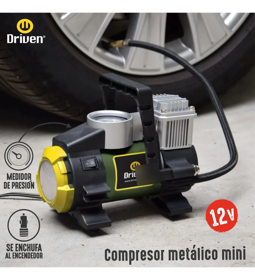 Compresor De Aire Mini Portátil Con Luz Led 12v Driven Verde
