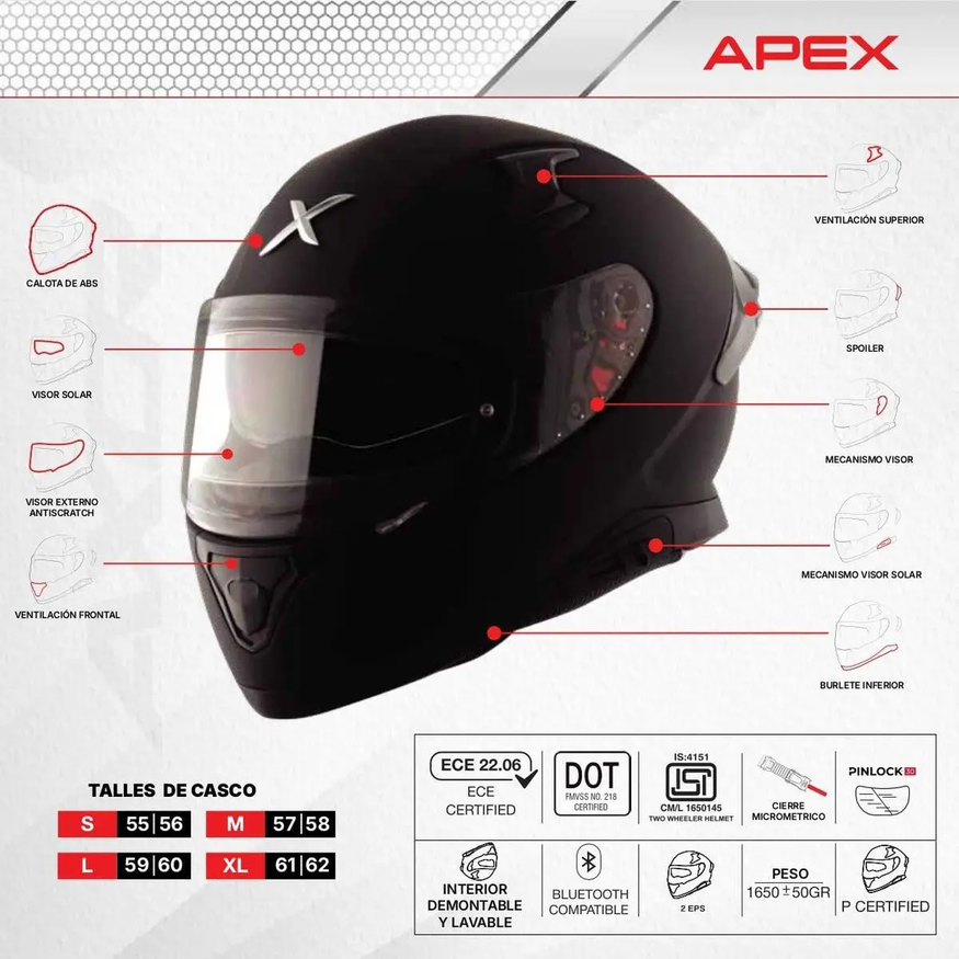 Casco Moto Integral Axor Apex SOLID Doble Visor Apto Pinlock